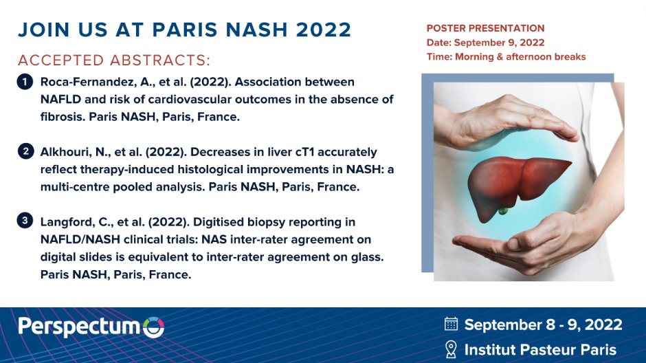 PerspectumGroup's tweet photo. Excited to present three posters at #ParisNASH 2022 highlighting how our technology could be used to diagnose and monitor patients with NAFLD/NASH in the clinic and in clinical trials.

Read more here: https://t.co/T91isqmhvy

#NASH #LiverDisease #ClinicalTrials #DigitalPathology https://t.co/PhP31gK9Bw