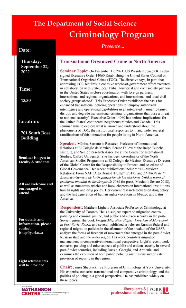 Seminar: Transnational Organized Crime in North America. Thurs. Sept. 22. See poster attached or events.yorku.ca/events/sosc-cr… for more information.