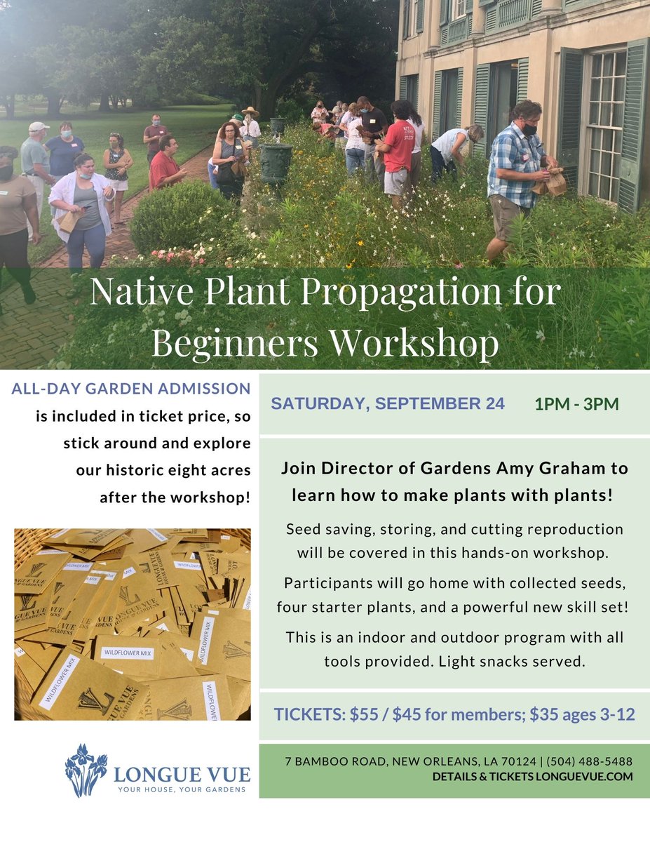 Our Flower Arranging Workshop has SOLD out, but we still have tickets available for our Native Plant Propagation Workshop on Sept. 24!

This beginner-friendly workshop will teach guests how to make plants with plants! Visit our website for info.

Tickets: bit.ly/3D6nii2