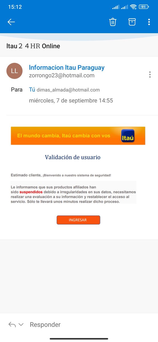 DimasAlmada's tweet photo. Estan enviando constantemente correos queriendo robar información, yo no tengo cuenta en estos bancos, pero cualquiera puede caer si les agarran desprevenidos o no sepan tal vez sobre estas cosas. @Miticpy @bcontinentalpy @ItauParaguay @MSN https://t.co/yZBbDo3pR7