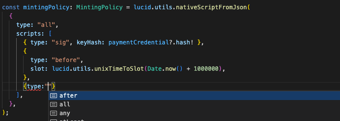 berry_ales's tweet image. Lucid can now parse native scripts from JSON. And it comes with auto suggestion/completion within the object :)