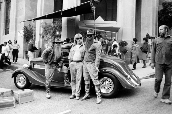 ZZ Top on set during the production of one of their music videos, 1980s