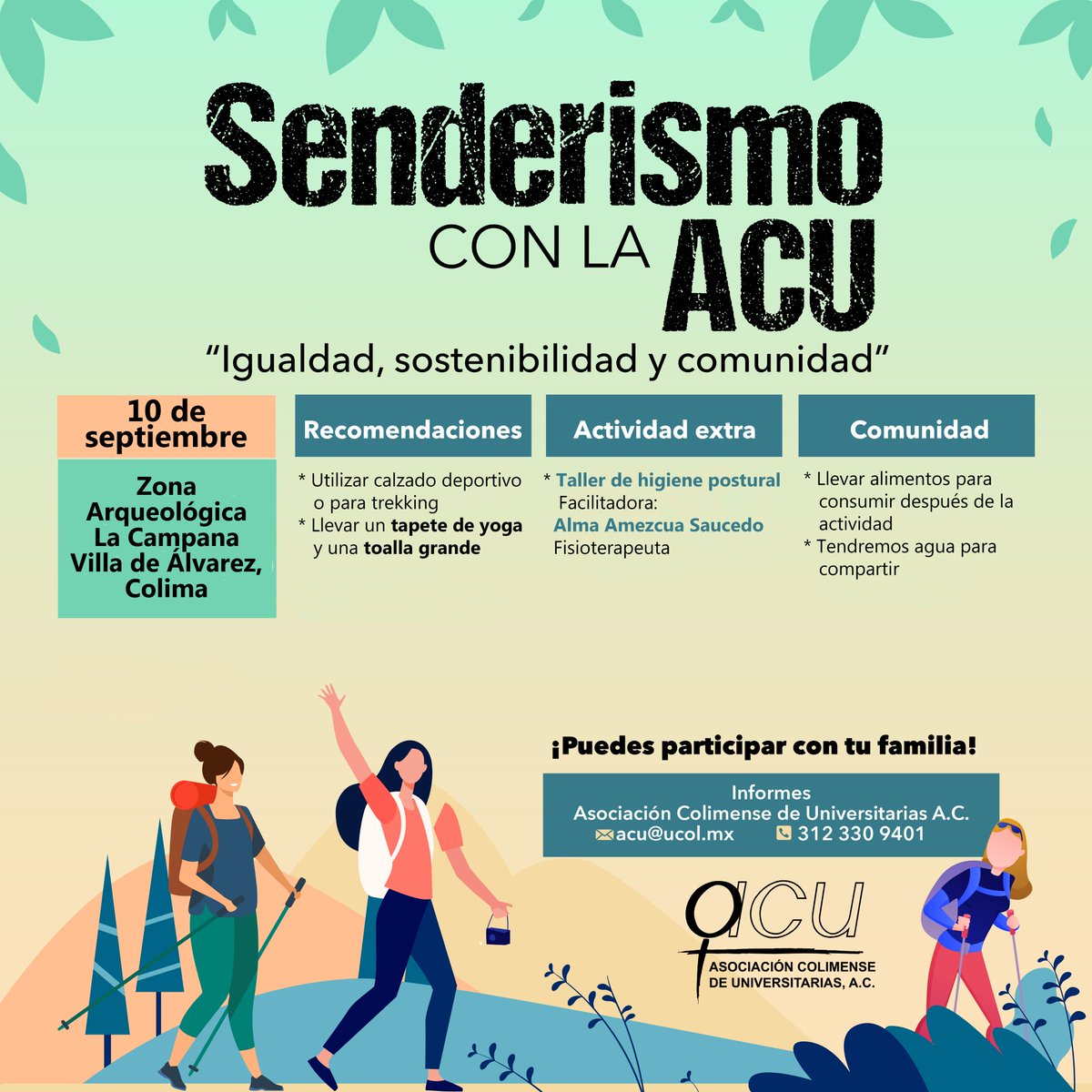 acu_colima's tweet photo. 📢 Te invitamos a participar en el programa "Senderismo con la ACU".
🟣 Inscríbete sin costo: https://t.co/fdBMAXjrKj https://t.co/XYLol1mrQu