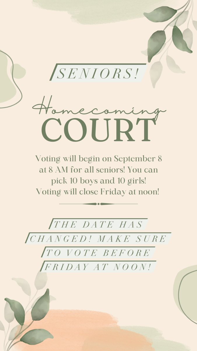 Homecoming court voting starts tomorrow at 8 AM and ends Friday at 12 PM!!