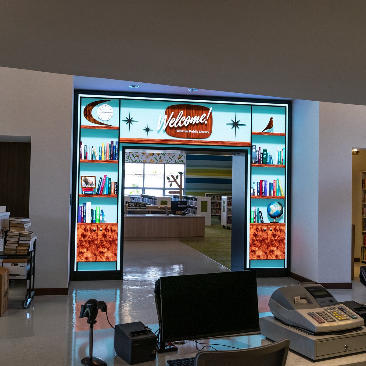 SNAdisplays's tweet photo. Whittier Library interior LED display. #publicart #publicspaces #digitalarch https://t.co/knz9FdyWdC