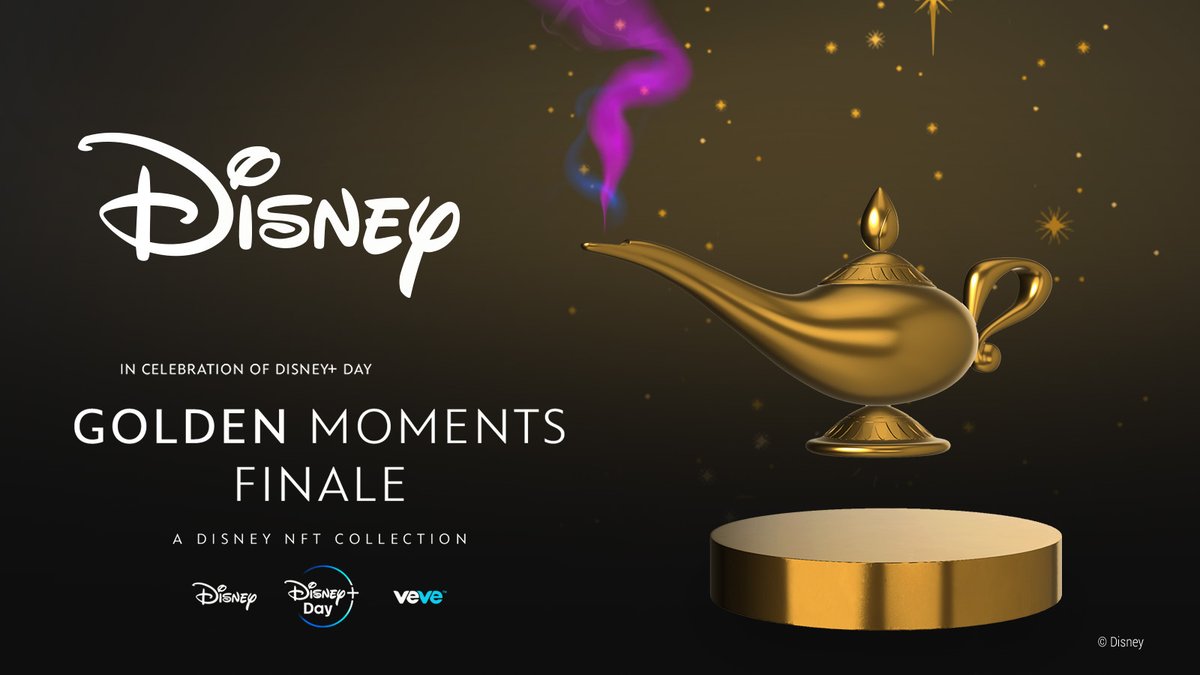 The <a href="/Disney/">Disney</a> Golden Moments Finale is the Magic Lamp from Walt Disney Animation Studios’ Aladdin. Includes an animated effect that grants original holder 2 wishes from VeVe!

Details on this special digital collectible &amp; wishes: bit.ly/3BjokG6

Drops Fri, 9 Sep at 8AM PT