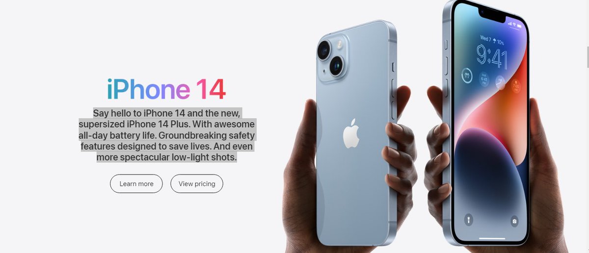 Say hello to #iPhone14 and the new, supersized #iPhone14Plus. 

With excellent all‑day battery life. Groundbreaking safety features are designed to save lives. 

And even more spectacular low‑light shots.

more👇