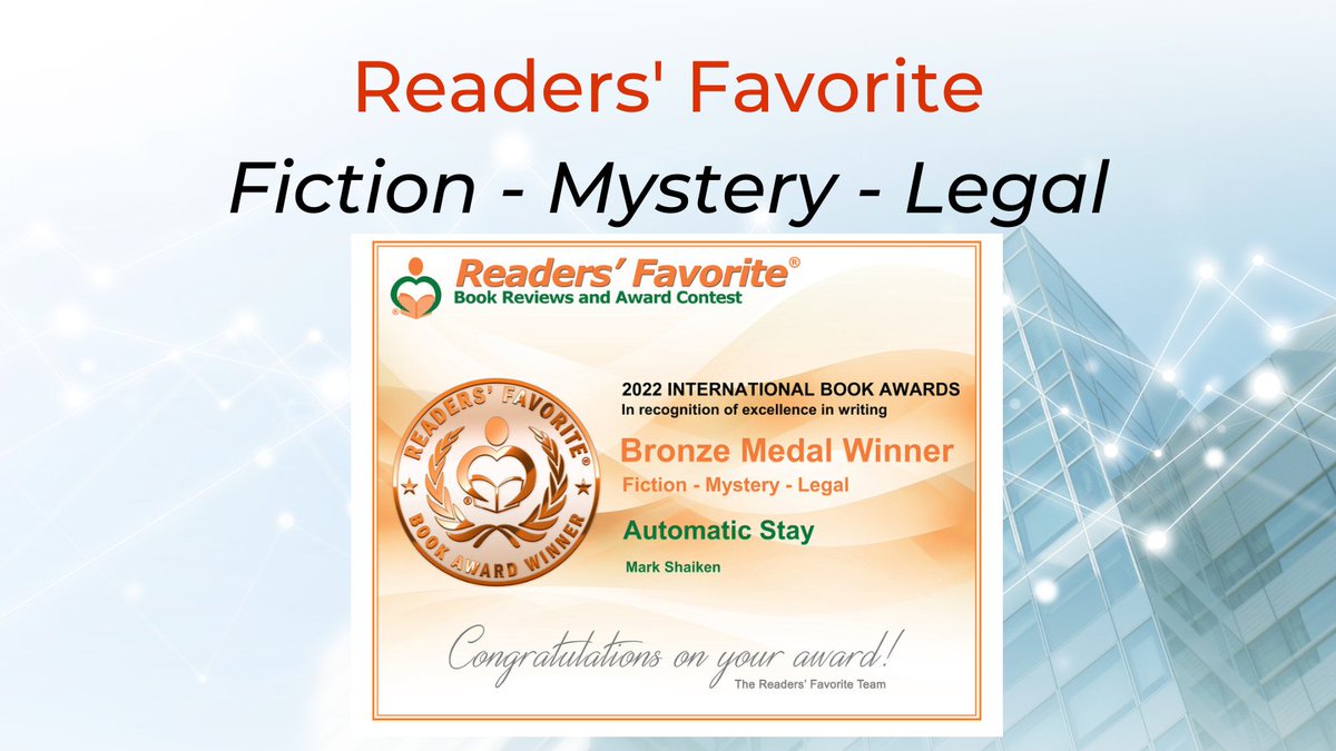I am honored to share that “Automatic Stay” has received a 2022 <a href="/ReadersFavorite/">Readers' Favorite</a> International bronze medal award in the Fiction – Mystery – Legal category. To read Readers’ Favorite review of “Automatic Stay,” visit bit.ly/3KMO1Sq.  

#ReadersFavorite #BookAwards