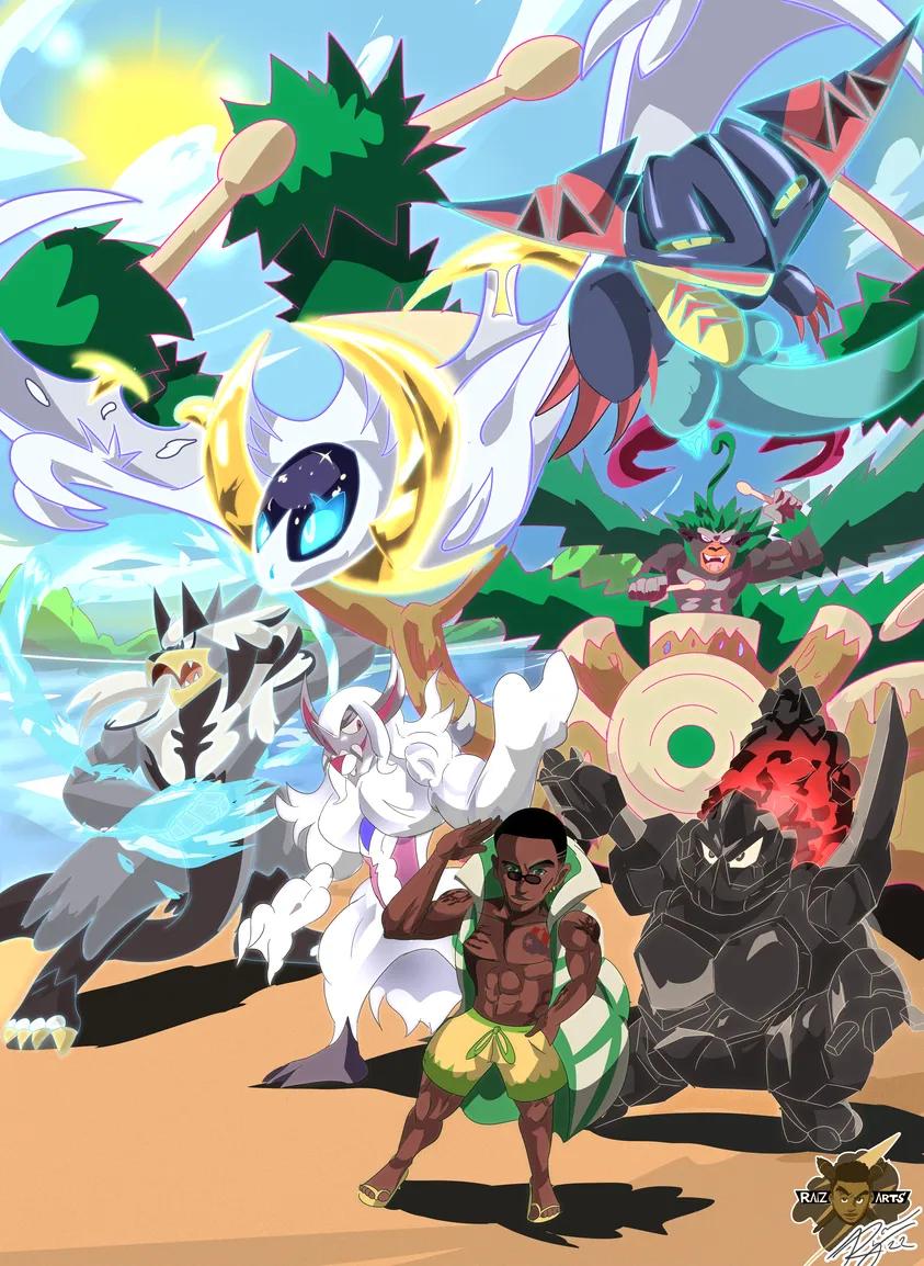 RaizArts's tweet photo. Here's a new PokePiece from me, commissioned by @ohthats_juan 
He said, "I want something a little light this time", so what's more fitting than a beach background?
#Pokemon #Pokeart #2BAMaster #Lunala #Dragapult #Coalossal #Urshifu #Grimmsnarl #Rillaboom #Gigamax #Unova #Galar https://t.co/3GYlT84FER