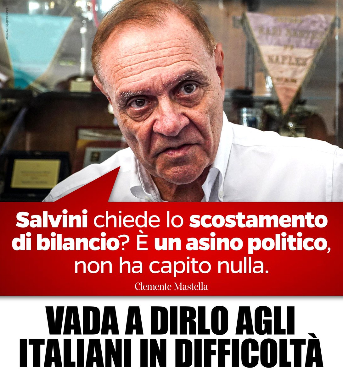 matteosalvinimi's tweet photo. Mastella che mi insulta (“Salvini è un asino”) perché chiedo che vengano aiutati Italiani in difficoltà a pagare le bollette di luce e gas?
Vada a dirlo a operai, commercianti e pensionati disperati che non riescono a pagare, vediamo cosa gli rispondono.
Clemente stai sereno😉 https://t.co/Jm1T2GKsnd