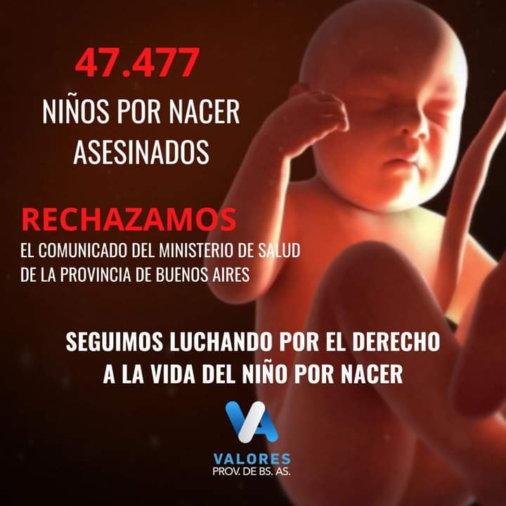 El derecho a la vida es el primer derecho que debe ser respetado. El Ministerio de Salud de la provincia de Buenos Aires no puede promover el asesinato de bebes en su etapa más indefensa. Debe protegerlos

¡Desde Valores seguiremos luchando por la vida! #abortoesfracaso
