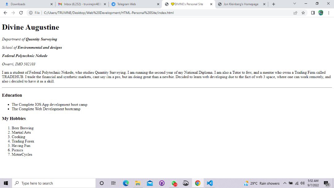 #100DaysOfCode 
Day 3/100
Created a primary web page without hosting with html boiler template. 
<a href="/techwithfeyi/">TechwithFeyi</a>