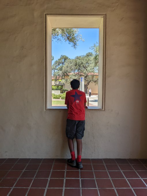 A boy stares out a window onto a campus