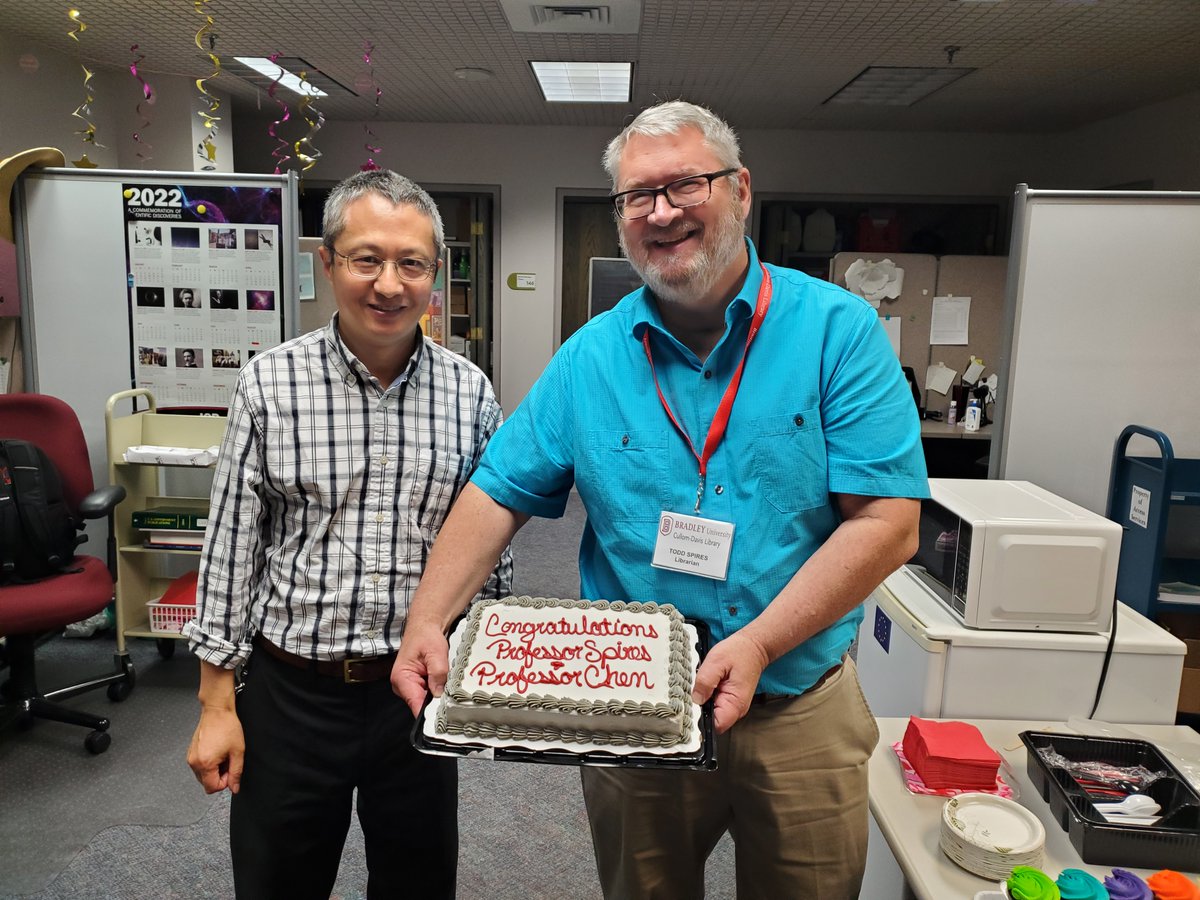 CullomDavis's tweet photo. We had cause for cake as today, we celebrated having two formal professors working in the library! Congratulations Professors Chen &amp; Spires! Your faculty and staff are grateful you gave us reason for cake.

Oh! And we're super proud of you! 🧁🎓 https://t.co/9RW0EssYZF