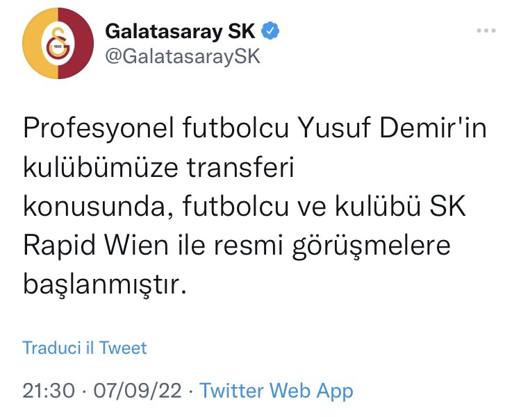 Now it’s official! Yusuf #Demir to #Galatasaray from #RapidWien for €6M. Contract until 2026. Confirmed! #transfers