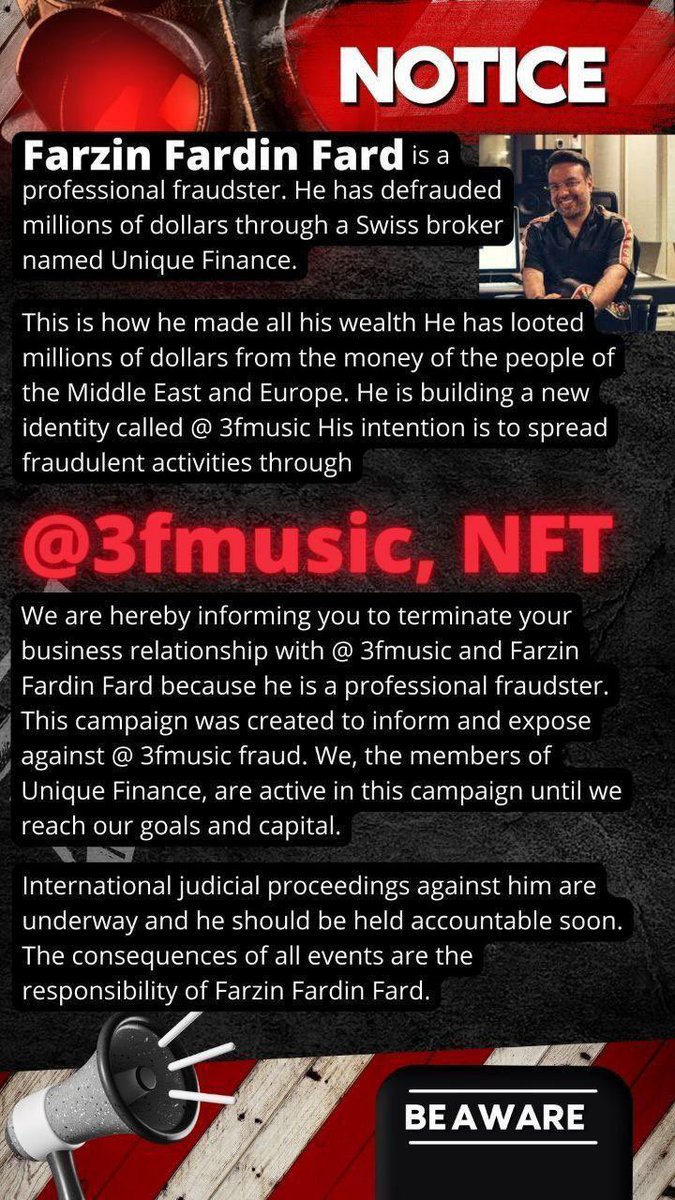 RefaiRahmat's tweet photo. @DubaiPoliceHQ We have been victims of a fraud called Farzin Fardinfard #3fmusic.
He is in charge of Regional Office of UNIQE FINANCE in UAE but by missusing his rights he gained huge capital. 

Please help us 🙏
@DubaiPoliceHQ 
@Dubai_DED 

#investors_unique_finance 
#3fmusic https://t.co/YMAdbHBEvY