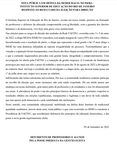 umiguelangelo's tweet image. Aos que se encontram em dúvidas, querendo saber melhor o enredo da história, aqui está a:

Nota Pública Em Defesa A Democracia No #ISERJ