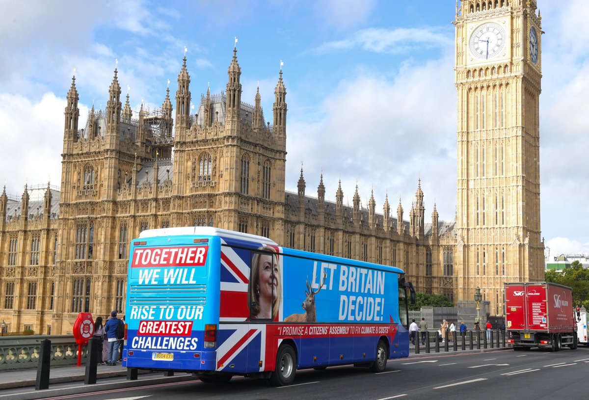 XRebellionUK's tweet photo. Take a moment to allow yourself to believe this is true.

#BelieveTheBus #LizTruss #PMQs #TrussBus #CitizensAssembly on #Climate and #Costs https://t.co/tVRhBKlqWH