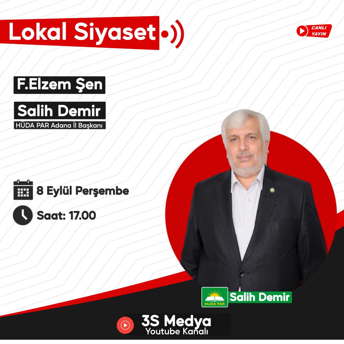 Adanamızın sorun ve sıkıntılarına çözüm önerilerimizi konuşacağımız 3S Medya Lokal Siyaset Programı'nda sizlerle olacağız.