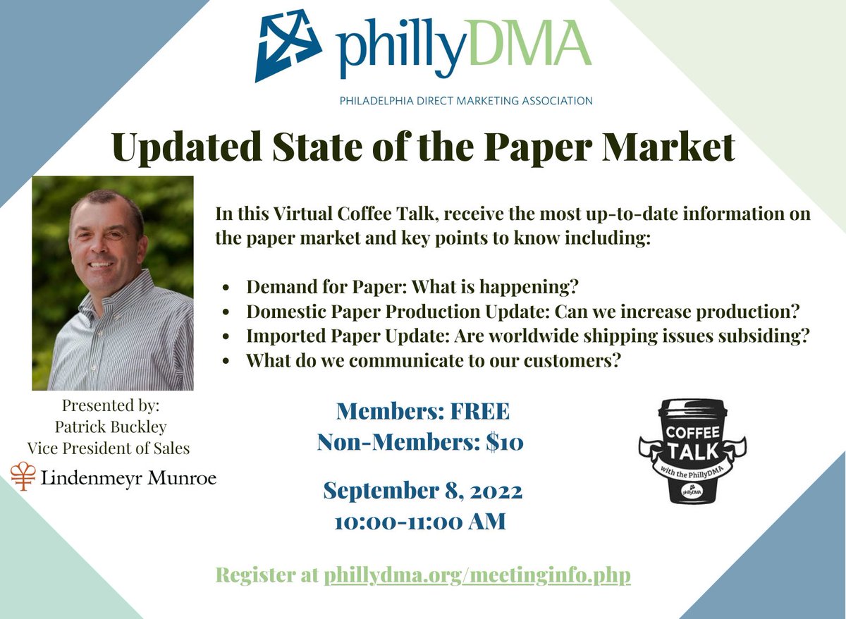 PhillyDMA's tweet photo. Join us TOMORROW for our #VirtualCoffeeTalk and learn important updates on the #paper market.

Register here: https://t.co/jMt0HEstEu

#PhillyDMA #education #directmarketing #marketing #printindustry #event https://t.co/bsYbuFwz6H