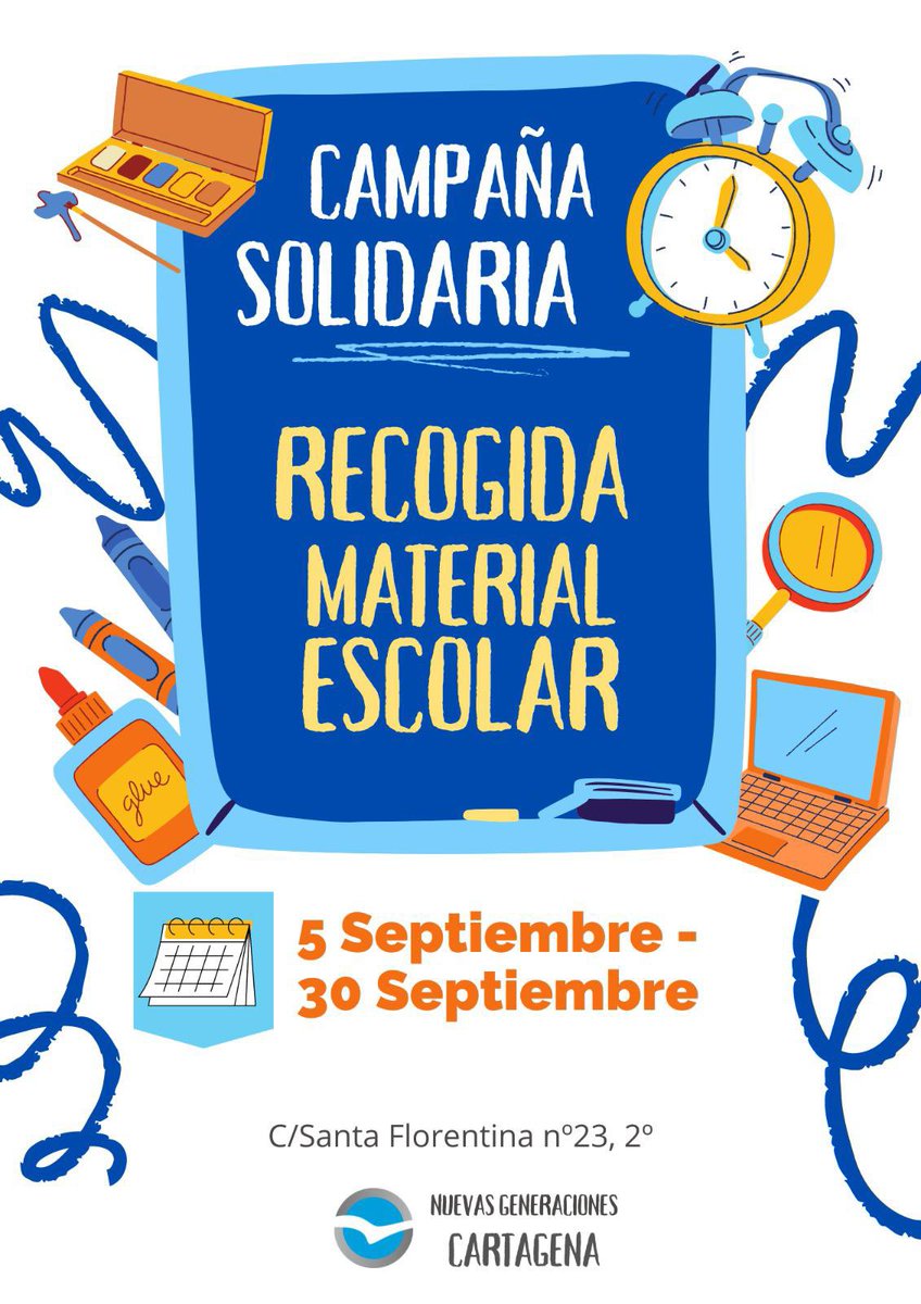 nnggcartagena's tweet photo. Otro año más 🗓, presentamos la CAMPAÑA DE RECOGIDA DE MATERIAL ESCOLAR 📚🖍📝🧮. 

Desde el pasado lunes y hasta el 30 Septiembre 🔜 podéis participar dejando el material escolar en nuestra sede 🏢 situada en la Calle Santa Florentina 🌷.

#ComprometidosConCT💙 https://t.co/fqXscuHo44