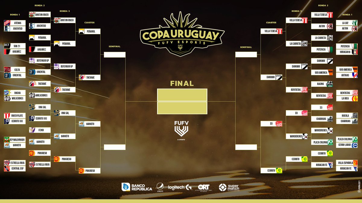 AUDVesports's tweet photo. 🏆🇺🇾🎮⚽🥇 Cuartos de final

➡️Hoy desde 23:00 HS Continua la #CopaUruguayFUFV ⭐🏆🎮⚽#FIFA22 T-24

@esportcap 🆚 @Tacuabe_eSports 
@BankitoFC 🆚 @EsportsProgreso 
@VillaT_eSports 🆚 @DanubioeSports 
@tyteSports 🆚 @CerritoeSports https://t.co/If30j7cna7