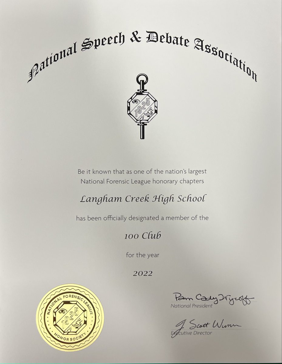LanghamDebate's tweet photo. We are proud to announce that the @langhamcreekhs
 Speech &amp; Debate Team has earned the 100 Club designation from the @speechanddebate National Speech &amp; Debate Association! Awarded to schools that have over 100 active degrees earned in a year! Congrats Lobos! https://t.co/g51CybMeFg