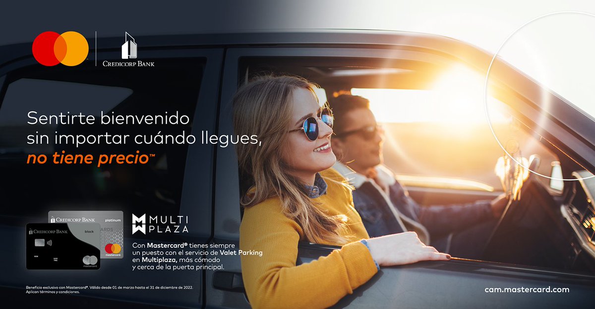 Ahora con tu Mastercard® de Credicorp Bank recibes servicio de Valet Parking sin costo para tarjetas Black, con Platinum tienes 50% de descuento, y con Gold y Standard obtén 50% de descuento al presentar tu factura de compras de USD$50 o más en Multiplaza Panamá.