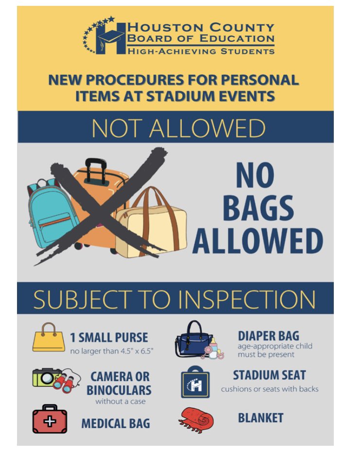 HocoAthletics's tweet photo. Just a few friendly reminders when visiting Freedom Field to play the Bears!  Helps to buy your tickets on @GoFanHS before arriving at the stadium! @BearDownHOCO @hchsbeardown @HoustonCountySD @cmccookhcbe @RizerBEARDOWN https://t.co/Mb7ij53Zf2