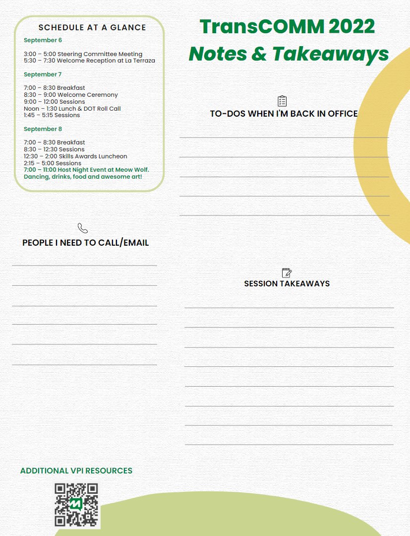 MetroQuest's tweet image. Good morning everyone at @aashtospeaks&apos;s TransCOMM Annual Meeting! We made this simple takeaways sheet for attendees; make sure to pick one up at registration for anything you need to jot down! There&apos;s also a great case study on the flip side. Enjoy the day! #transcomm