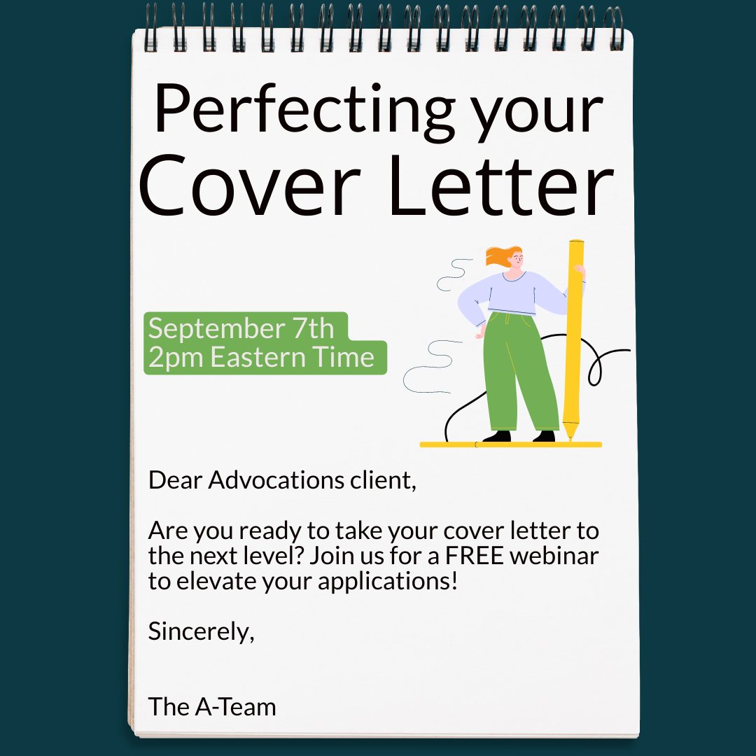 Advocations's tweet photo. TODAY at 2pm ET we'll be offering a free webinar to help you make a great first impression with your cover letter! If you're applying to jobs but not hearing back, this may be exactly what you need. Register now: https://t.co/1OuAfdJjvo https://t.co/ZydumbrRJc