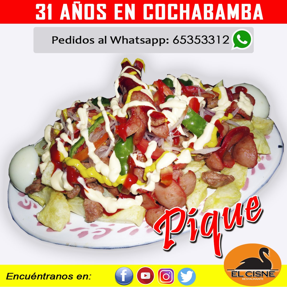 ElCisneCbba's tweet photo. 😊 ¡COMPARTE LO MEJOR! con la #Familia
🦢🧡 𝐄𝐥 𝐂𝐢𝐬𝐧𝐞 𝐑𝐞𝐬𝐭𝐚𝐮𝐫𝐚𝐧𝐭𝐞 😋"𝐸𝑠𝑝𝑒𝑐𝑖𝑎𝑙𝑖𝑑𝑎𝑑 𝑒𝑛 𝐶ℎ𝑎𝑟𝑞𝑢𝑒𝑘𝑎𝑛 𝑂𝑟𝑢𝑟𝑒ñ𝑜" .
📲 Pedidos : 65353312 o https://t.co/vCRZGFPdwC

🎯 Ubicación: https://t.co/5VxG8J1mNs 
#Pique  #Charquekan 
#Gastronomía https://t.co/1hQDDx56cW