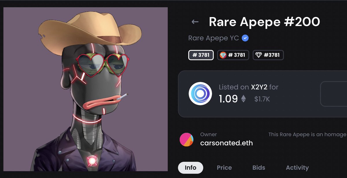This community has some amazing people onboard: AI experts, doctors, NFT artists, musicians, painters, pro poker players, influencers, Cointelegraph economists, people working for crypto exchanges. Hell yeah, I'll be part of that! Apepee! #RAYC
🛒 Bought: 1 items for 1.09 ETH