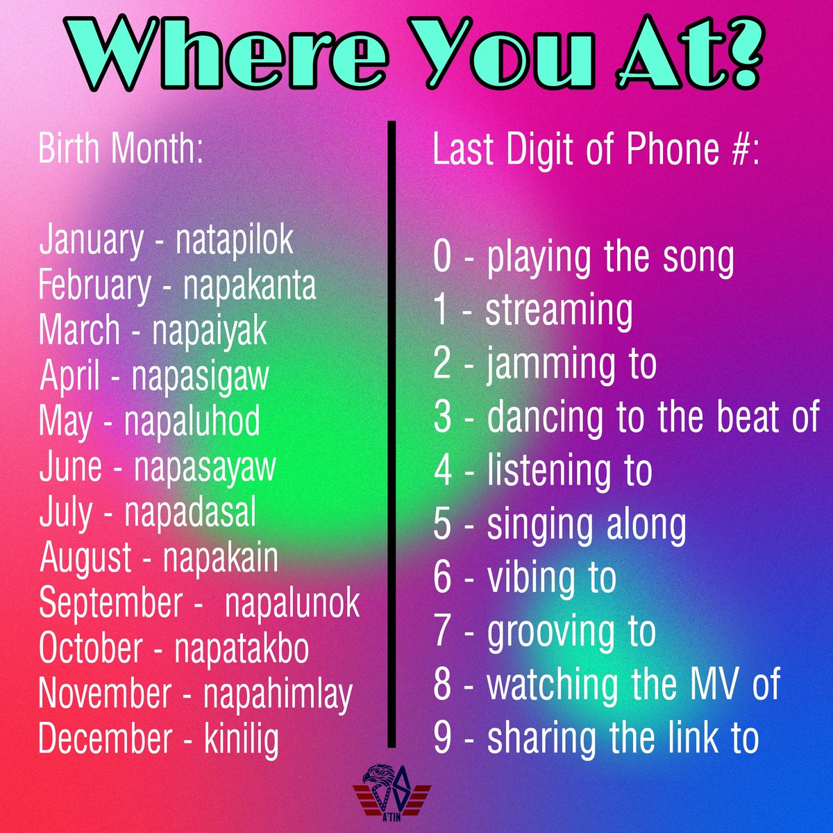 US_ATIN's tweet photo. Hello, A'TIN!
Let's play a quick game. We haven't done this in a while. Hehe!

Example:
Napakanta ako while streaming the song #WYAT by @SB19Official.

Please make sure to share use tags related to 'Where You At' only for this one, okay? Thank you!

Let's have fun with this one! https://t.co/56KWeGF2p1
