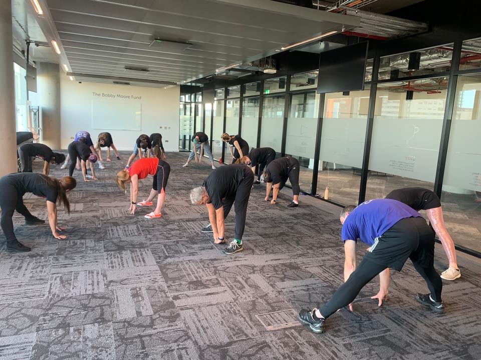 SimonLedsham's tweet photo. A bit of stretching required before day two of training for @UltraBallroom for @SU2CUK.  Our amazing instructor @KzKsenia put us through our paces. We are very grateful for all donations at https://t.co/zvQdhCvdvF https://t.co/USCHEwyrFT