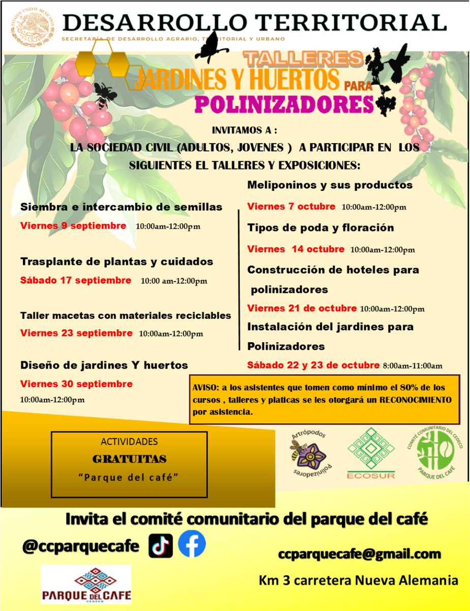 En el parque del café en Tapachula,Chiapas estaremos impartiendo talleres para Jardines y huertos para polinizadores.