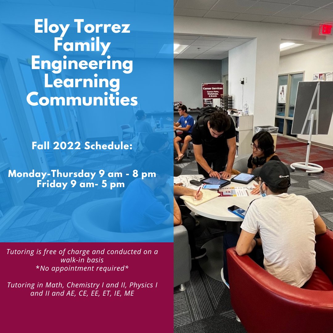 Stop by the Engineering Learning Communities for tutoring, exam reviews, and assistance with homework! The ELC, located in EC3 suite 300, has tutors for every engineering area as well as math, chemistry, and physics.

View the live schedule here: docs.google.com/spreadsheets/d…