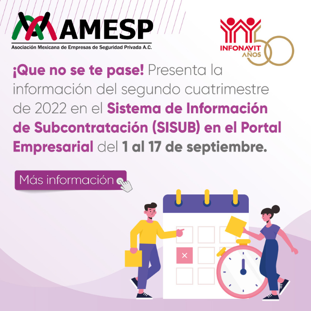 AMESP_oficial's tweet photo. #AMESPTips:

"Presenta la información del segundo cuatrimestre del 2022 en el #SISUB" del 1 al 17 de Septiembre.

SISUB – https://t.co/dr2pb2nPDY

Visita la página web del @Infonavit para obtener más información.

#SoyAMESP #HablemosBienDeLaSeguridad #FuerzaAMESP #Infonavit https://t.co/UvDhyZsQTo