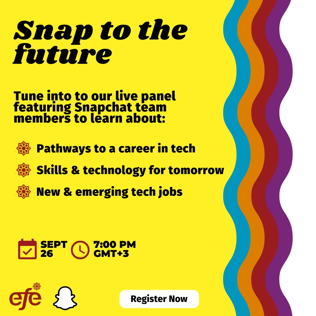 Join <a href="/Snap/">Snap Inc.</a> &amp; <a href="/EFE_Global/">EFE Network</a> on September 26th at 20:00 (UAE time) to learn all about ways youth can build their futures in the tech industry. Register tfaforms.com/5006889?initia…