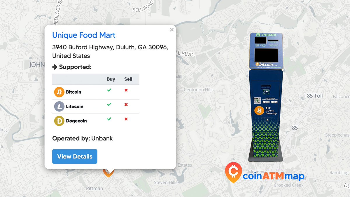 coinatmmap's tweet photo. Check out this #Bitcoin ATM by @unbankworld in #Duluth #Georgia . This machine supports #BTC , #DOGE, &amp; #LTC . Find this #BitcoinATM and many others at #CoinATMmap (Link In Bio). https://t.co/f06qpLuYoT