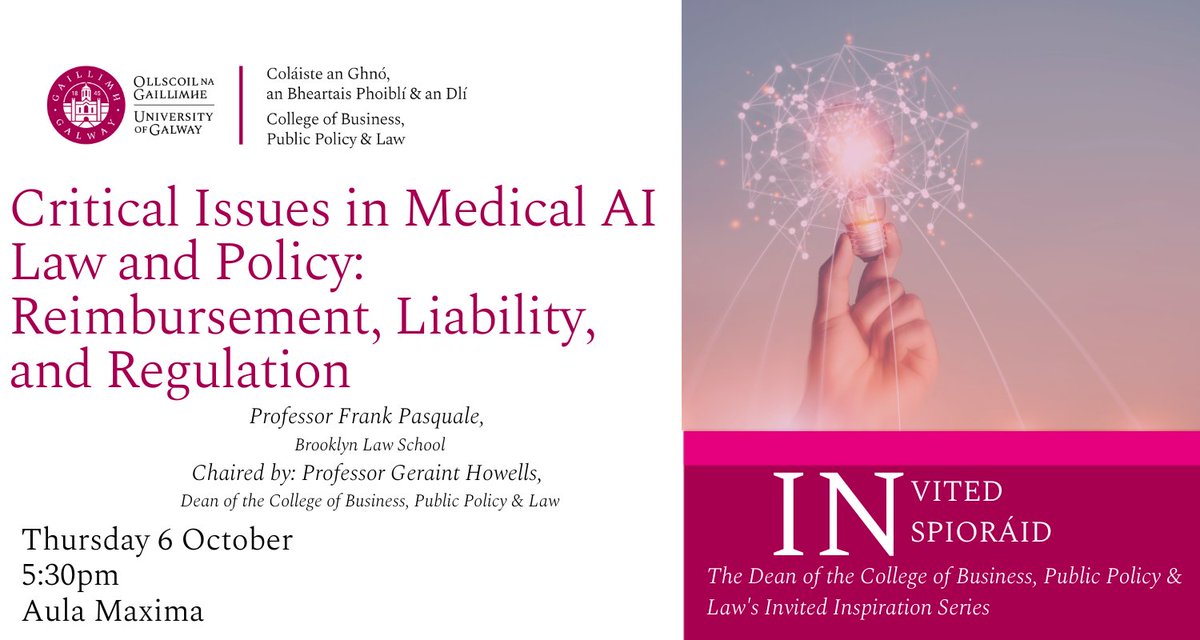 University of Galway Law (@uniofgalwaylaw) on Twitter photo #EVENT on the "Critical Issues in Medical AI Law & Policy: Reimbursement, Liability & Regulation"
Guest speaker, Frank Pasquale, Professor <a href="/brooklynlaw/">Brooklyn Law School</a> & former Chair at Security of the U.S. National Committee on Vital & Health Statistics.
Register here:
eventbrite.ie/e/critical-iss… #EVENT on the "Critical Issues in Medical AI Law & Policy: Reimbursement, Liability & Regulation"
Guest speaker, Frank Pasquale, Professor <a href="/brooklynlaw/">Brooklyn Law School</a> & former Chair at Security of the U.S. National Committee on Vital & Health Statistics.
Register here:
eventbrite.ie/e/critical-iss…