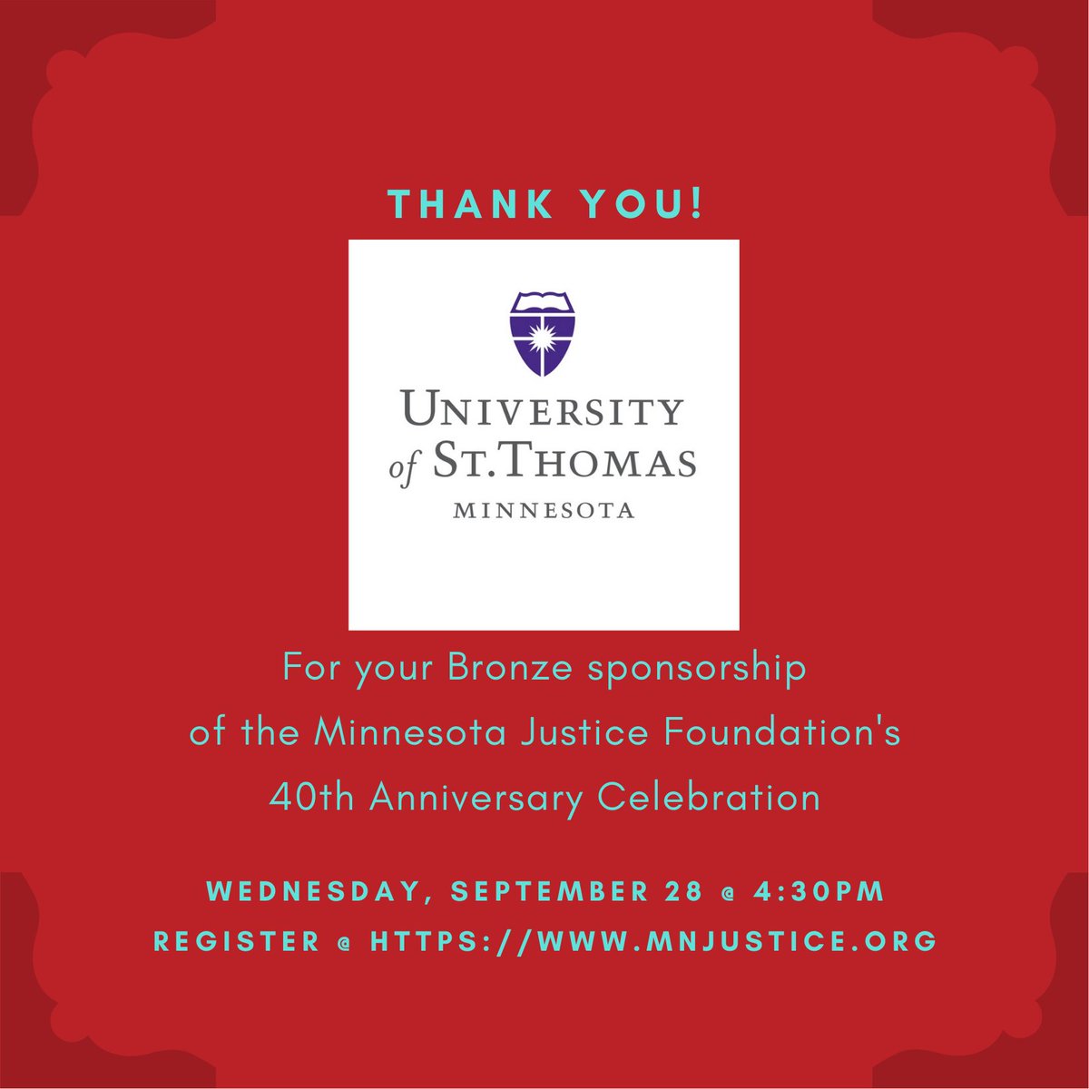 Thank you to the University of St. Thomas School of Law for your Bronze sponsorship of MJF's 40th Anniversary Celebration!