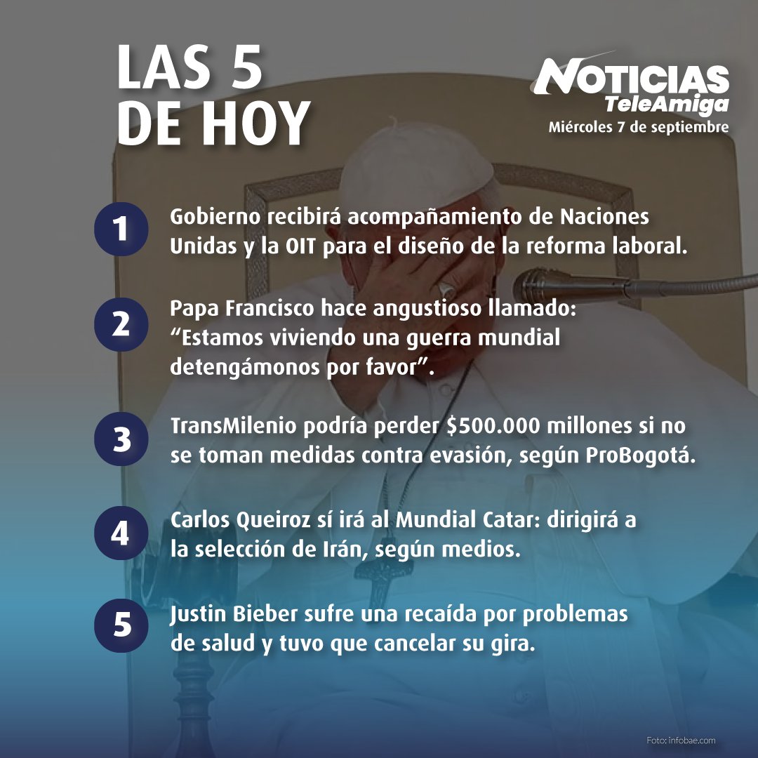 Canalteleamiga's tweet photo. 🎬 Estos son los hechos más importantes de hoy miércoles #7DeSeptiembre de 2022
La ampliación de estas y otras noticias en nuestra emisión central de lunes a viernes a las 6:30 p.m. y en nuestra señal en vivo https://t.co/eb5n2BKWEB
#Teleamiga #Televisión #Noticias https://t.co/N8yQqqFB7Z