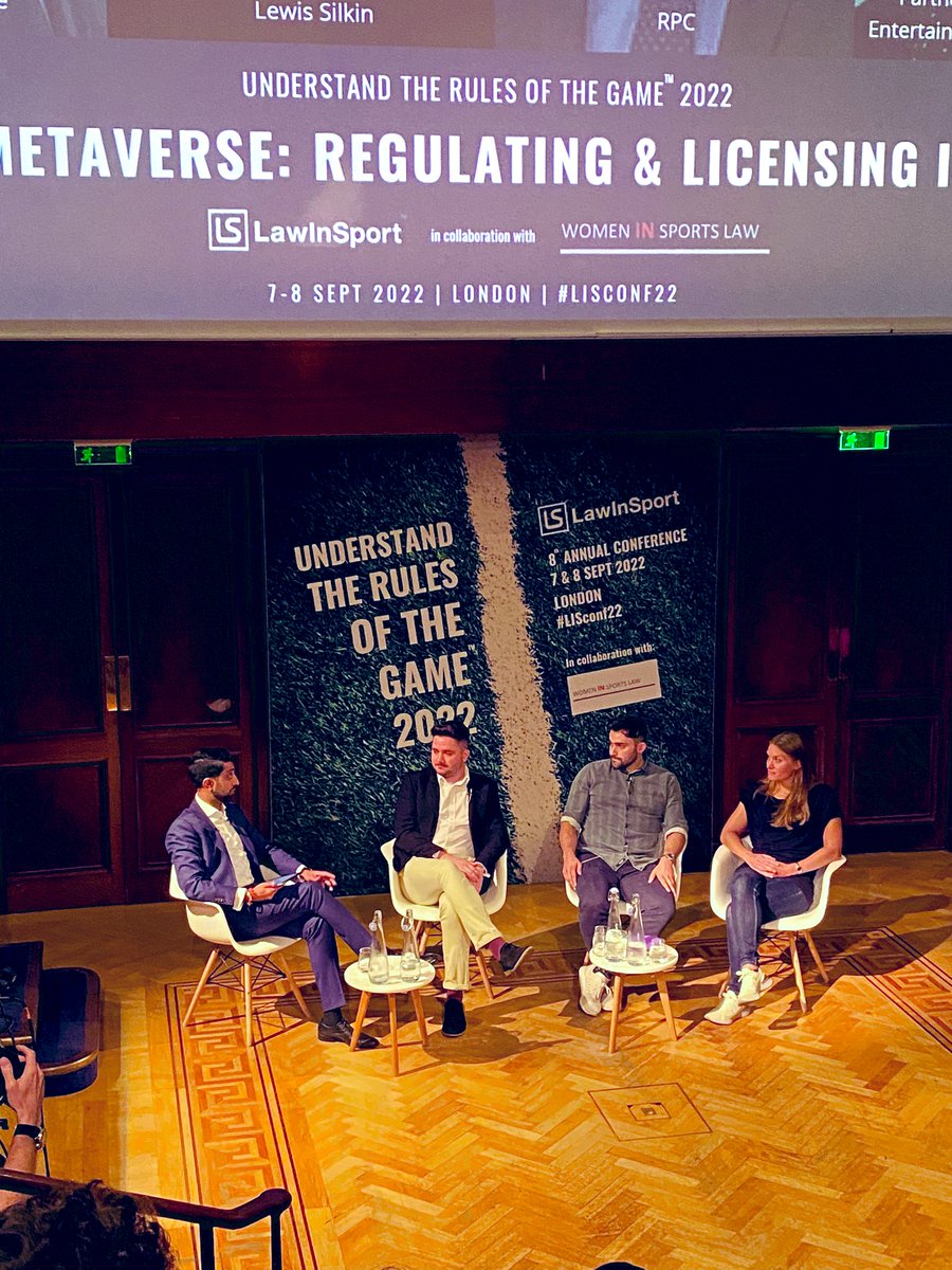 Brilliant panel discussion on regulatory and licensing issues in the metaverse at the <a href="/LawInSport/">LawInSport</a> conference led by my @MackrellSport colleague <a href="/mohitspasricha/">Mohit Pasricha</a> and featuring insights from <a href="/JoshCharaLaw/">Josh Charalambous ⚽️⚖️🏉🎮</a>, <a href="/AlexKel22/">Alex Kelham</a> and <a href="/MatthewSanter/">Matt Santer</a>. #LISconf22