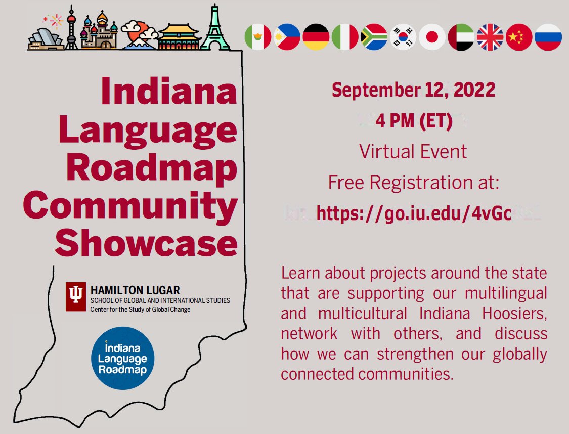 Join us Monday September 12th to connect with projects around the state supporting Indiana's multilingual communities. Register for this virtual event at: go.iu.edu/4vGc &amp; Learn about how you can apply for a community grant (due September 19th)!