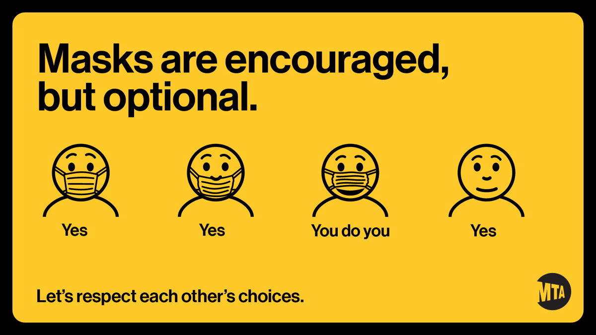MTA's tweet photo. Beginning today, masks are encouraged but optional on @NYCTSubway, @NYCTBus, @LIRR and @MetroNorth. https://t.co/BMOea8nE67