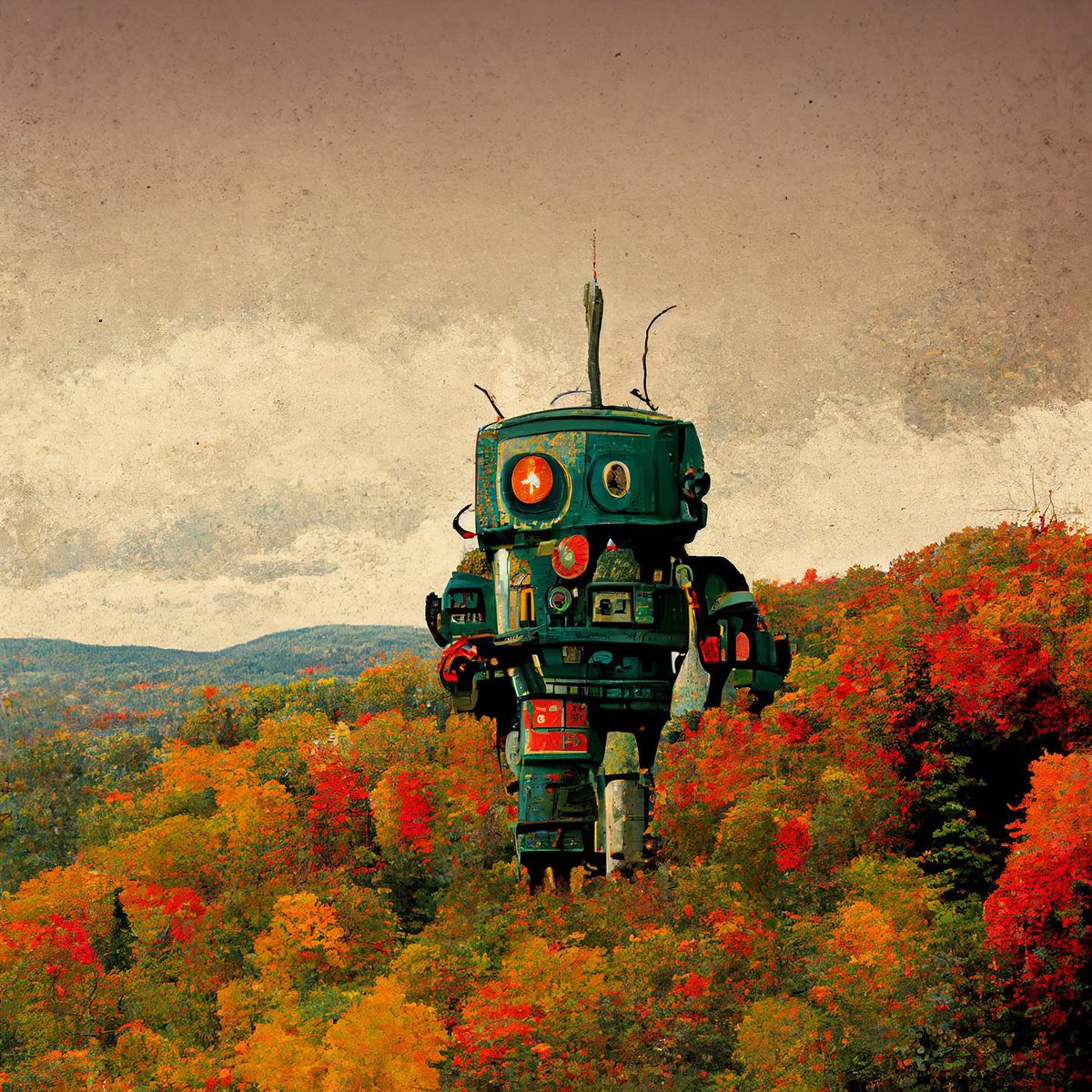 Readysteadyvt's tweet photo. Our robots are working hard setting up the website but enjoying the long weekend.  

Using new tech is something we’ll be doing here and can’t wait to explore fun new ways to tell your story.  This painting was created in AI.

#readysteady 
#midjourney 
#madeinVermont

#vermont https://t.co/0lCVikEGbB