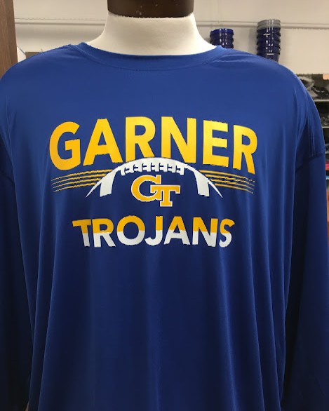 Friday Night Lights is here!!  We did this neat design for Garner HS.   Let us know if you, your school or business needs any spirit wear, uniforms, apparel for employees, etc.   We are here to help!