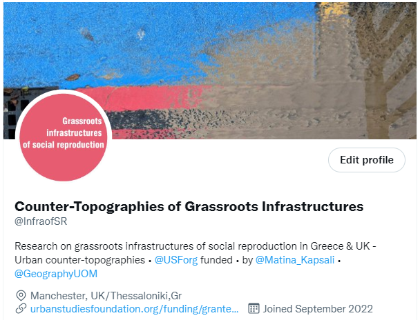 My project has a home! 💃

👀Follow @InfraofSR for updates and news! 

#socialreproduction #UrbanInfrastructures #GrassrootsInfrastructures #urbanpolitics #feministgeography #CounterTopographies #creativemethods