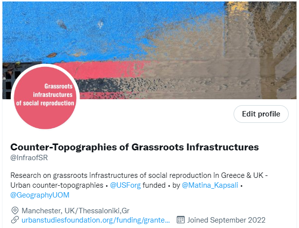 Matina_Kapsali's tweet image. My project has a home! 💃

👀Follow @InfraofSR for updates and news! 

#socialreproduction #UrbanInfrastructures #GrassrootsInfrastructures #urbanpolitics #feministgeography #CounterTopographies #creativemethods
